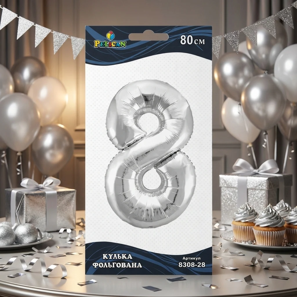 Кулька фольгована у формі цифри "8" 80 см, колір срібло, ТМ Pelican