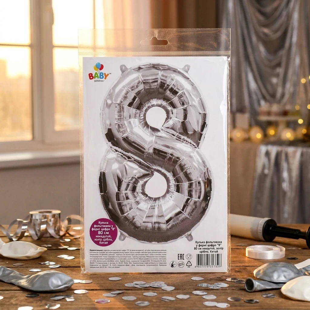 Кулька фольгована у формі цифри "8" 80 см ненадутий, колір срібло, Китай