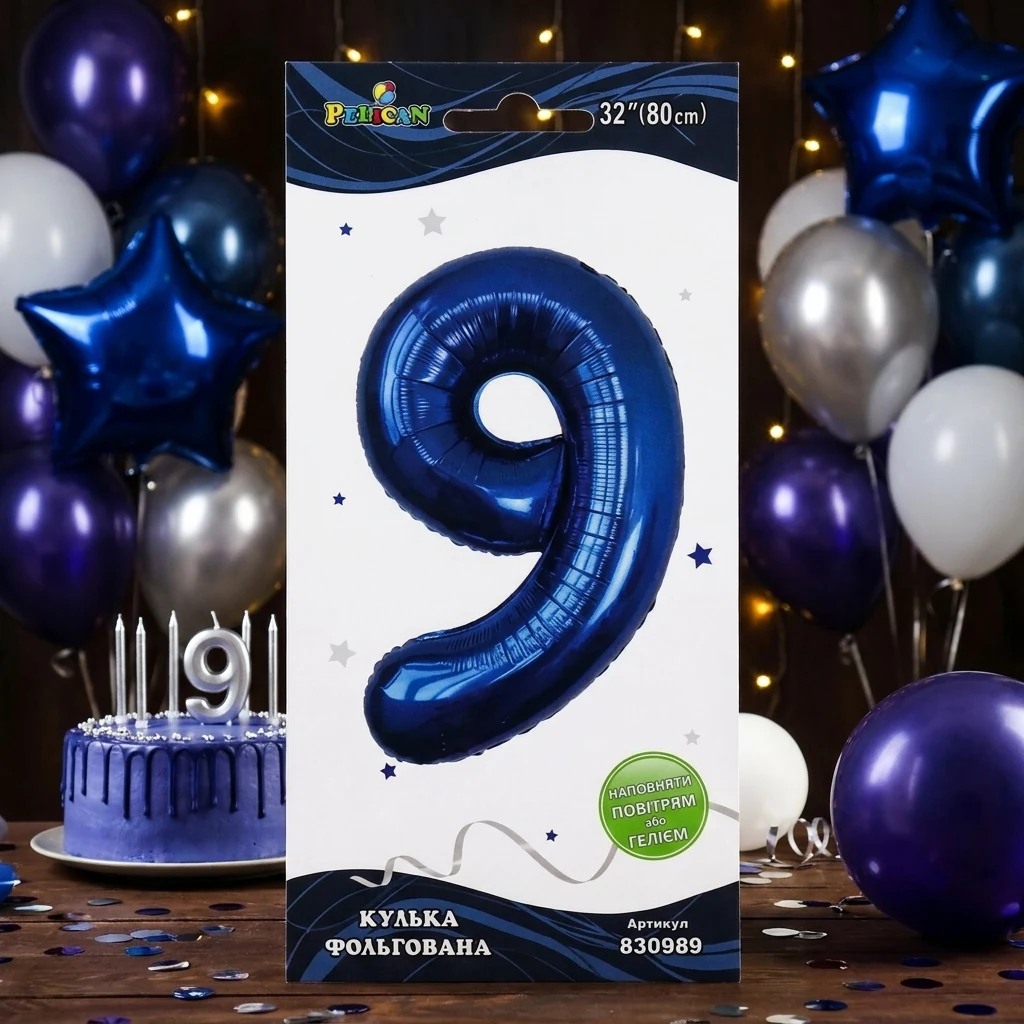 Кулька фольгована у формі цифри "9" 80 см, колір індиго, ТМ Pelican