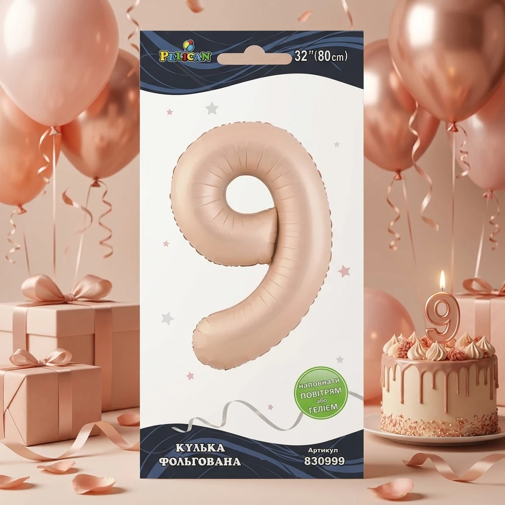 Кулька фольгована у формі цифри "9" 80 см, колір рожевий Blush, ТМ Pelican