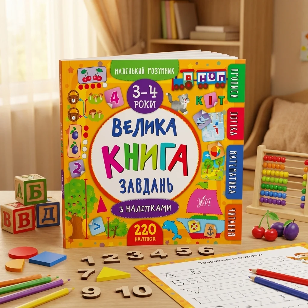 Маленький розумник. Велика книга завдань з наліпками 3-4 р
