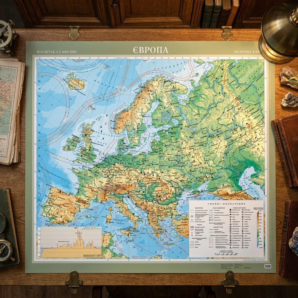 Мапа Європа фізична 1:5млн 108*118 см ламінована