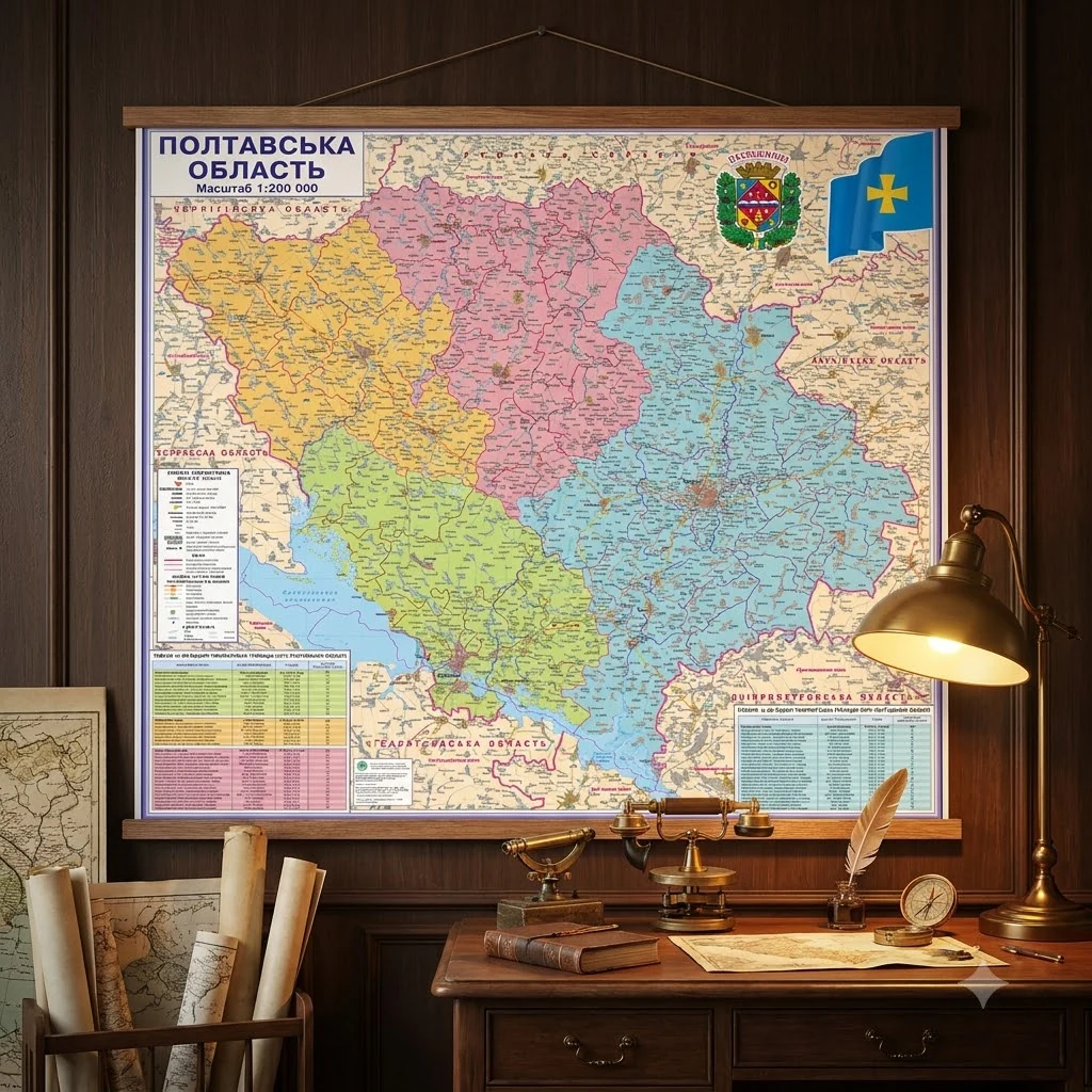 Мапа Полтавської області політика-адміністративна 120*132 см ламінована, планка