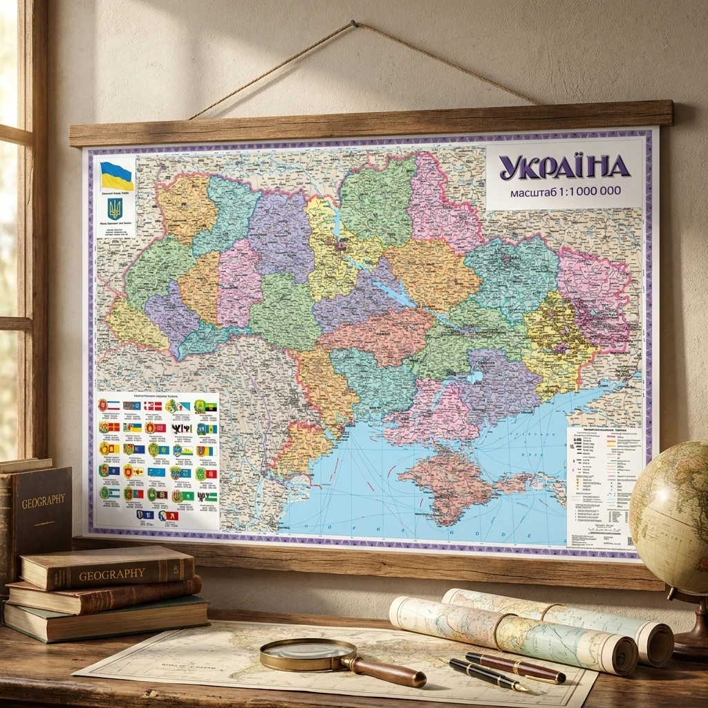 Мапа України політико-адміністративна 1:1млн 150*105 см картон, планка