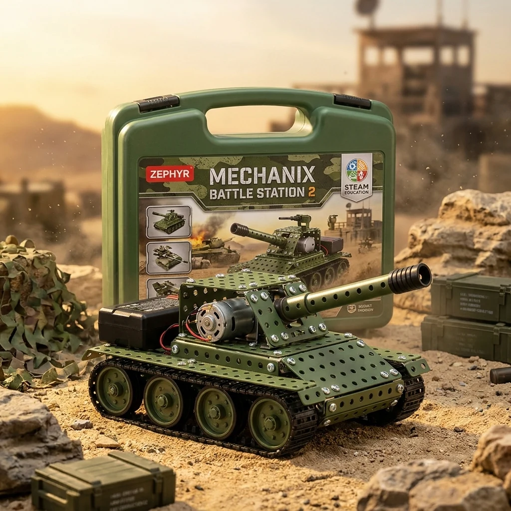 Металевий конструктор з електромотором у пластиковому кейсі MechanixВійськові118елм-5мод