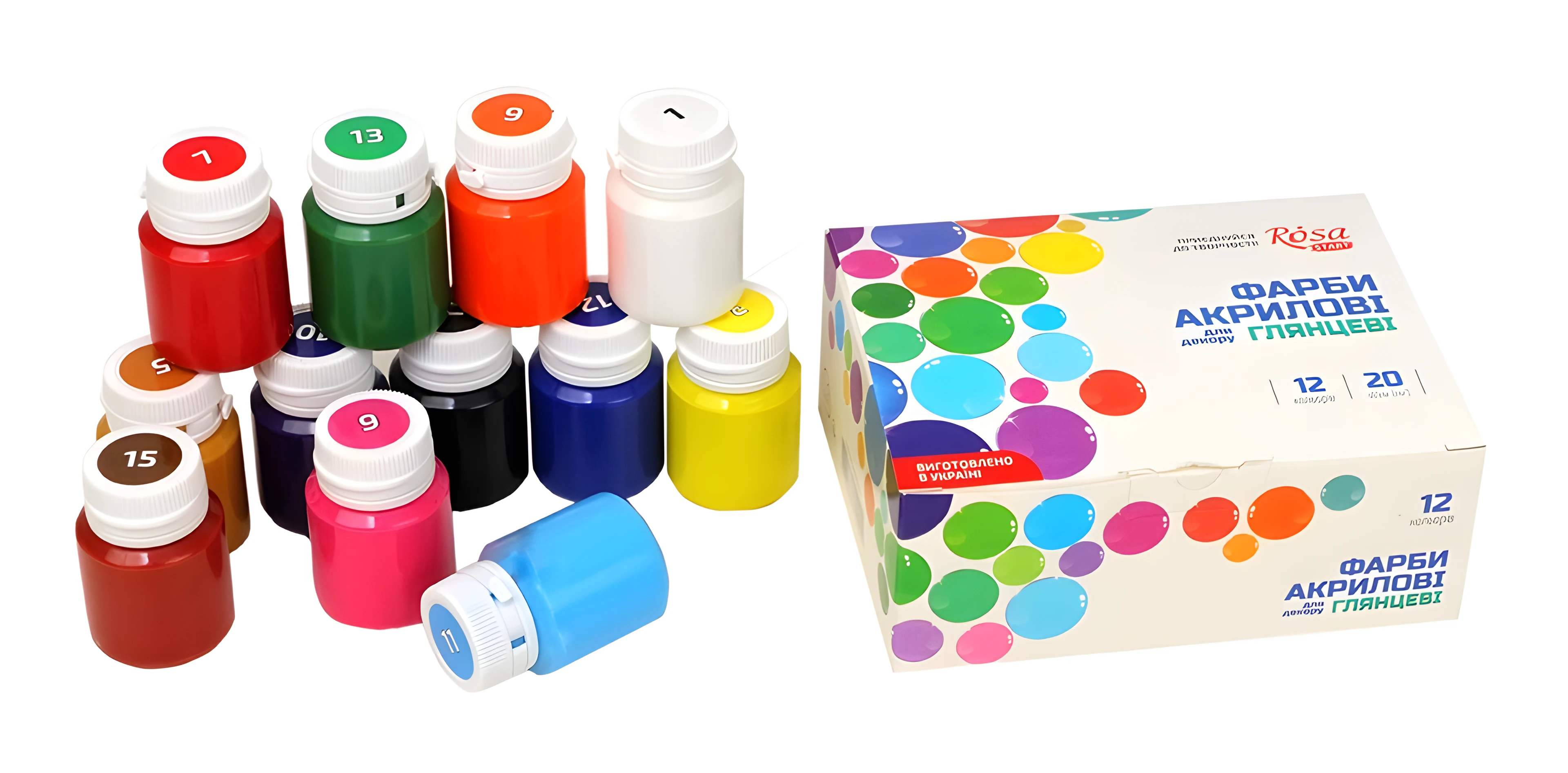 Набір акрилових фарб для декору, глянцеві, 9 кол.*20 мл, ROSA START