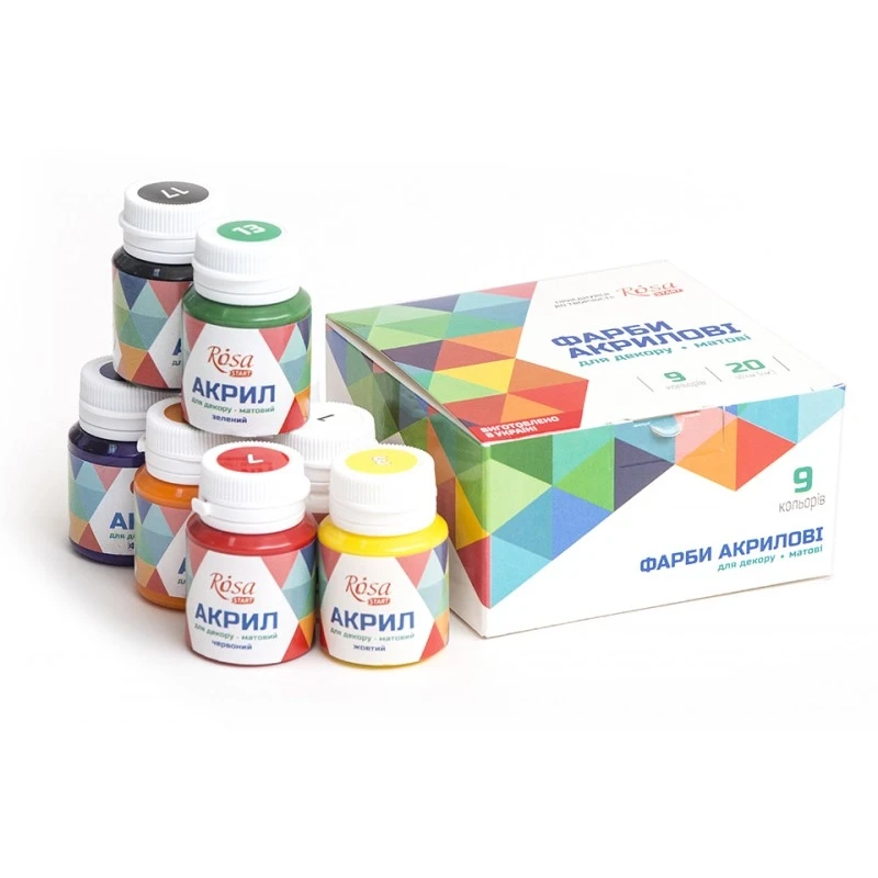 Набір акрилових фарб для декору, матовий, 9 кол.*20 мл, ROSA START