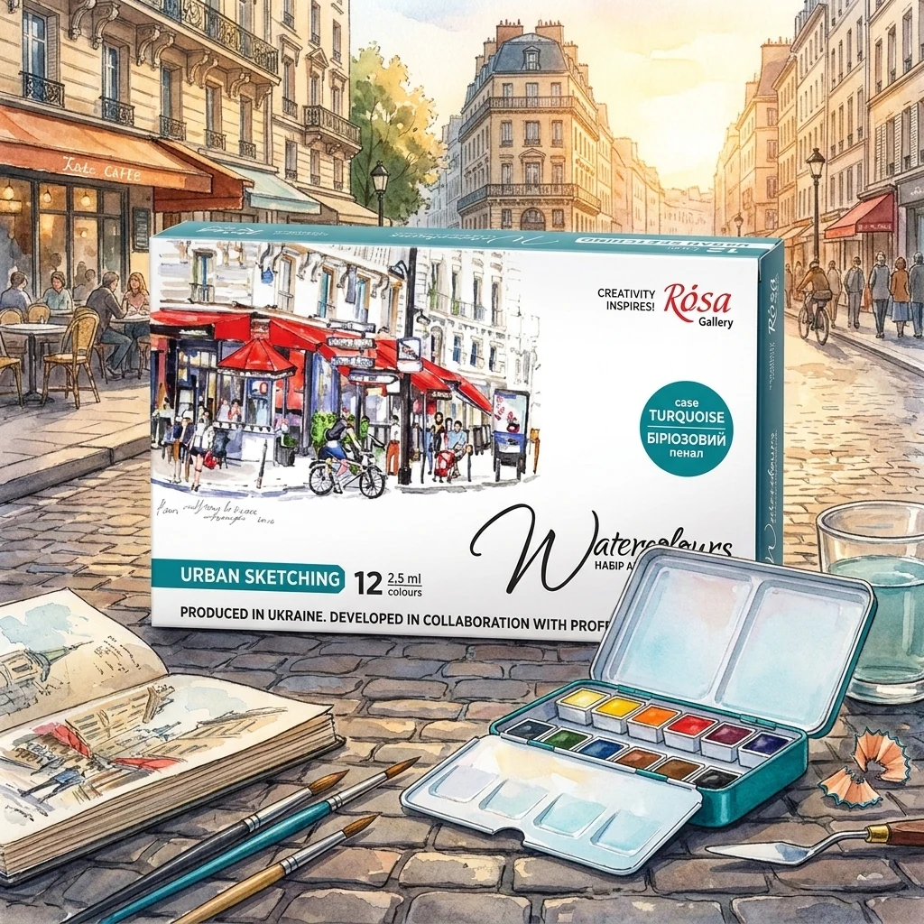 Набір акварельних фарб "URBAN SKETCHING", 12 кольорів, 2,5мл кювета, металевий пенал бірюза, Rosa Gallery