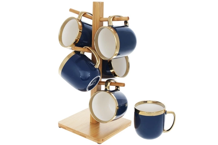 Набір чашок Bona Di Золота лінія 320мл на бамбуковій підставці 6 шт темно-синій 905-227 — фото 3