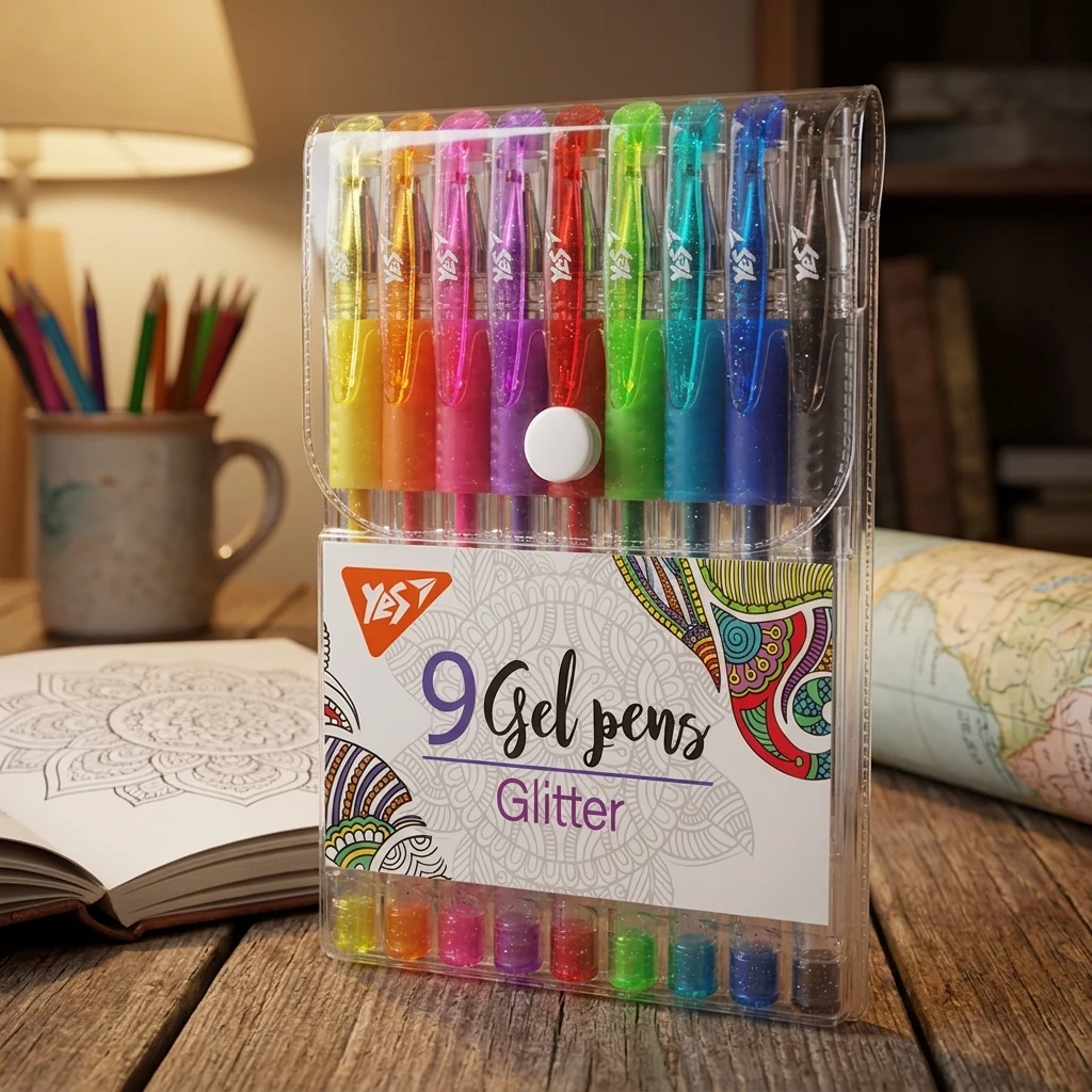 Гелеві ручки YES Glitter 9 кольорів — Ручки та олівці