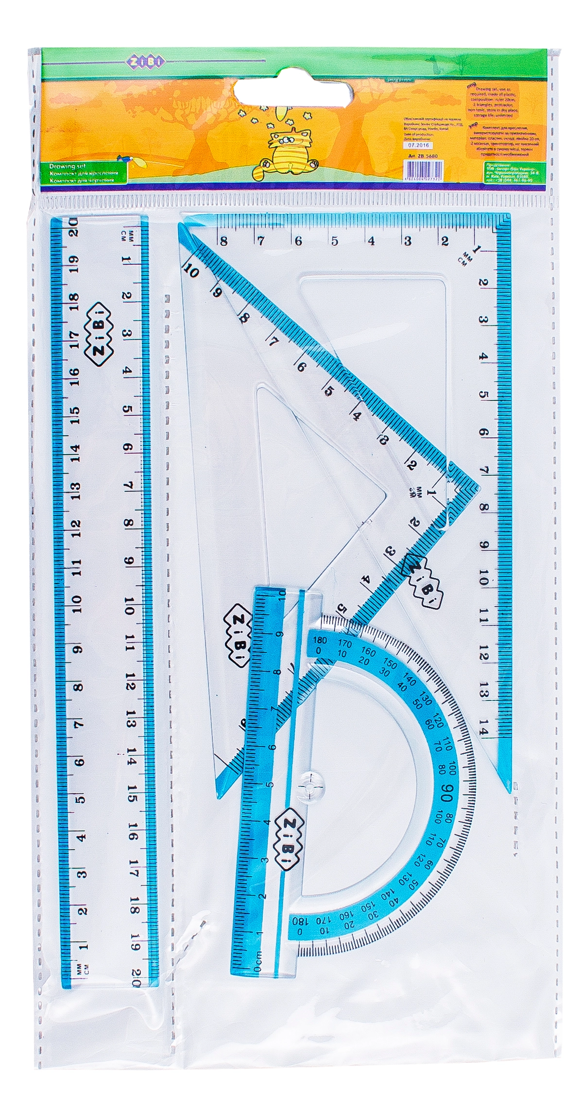 Набір Лінійка 20см 2 косинця транспортир з блакитною смужкою ZB.5680-14 — фото 2