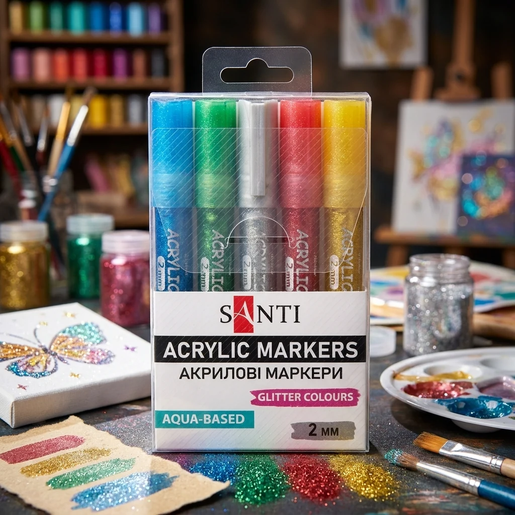 Набір маркерів акрилових, 5 кольорів, "Glitter", Santi