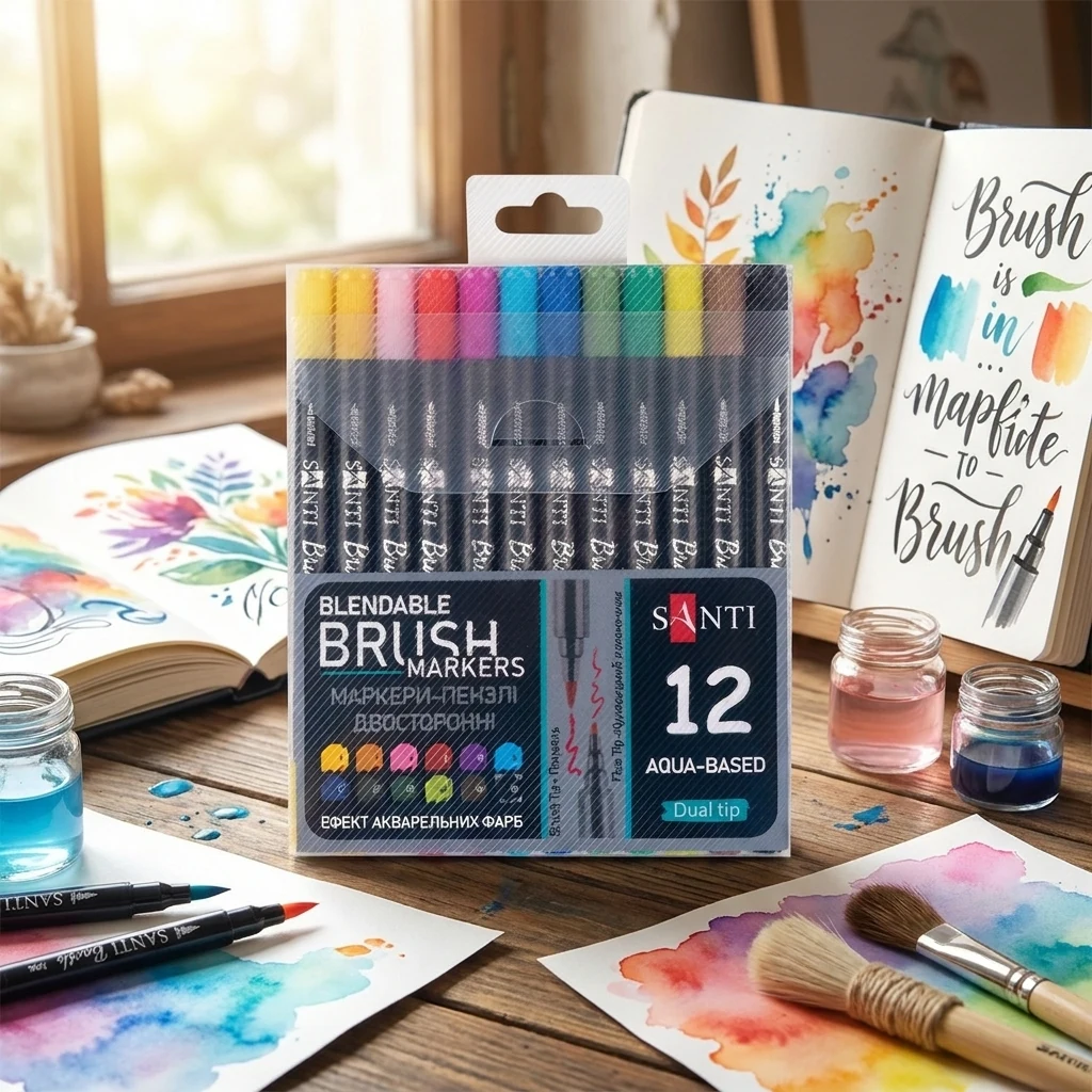 Набір маркерів акварельних, двосторонніх, 12 кольорів, "Brush Marker", Santi