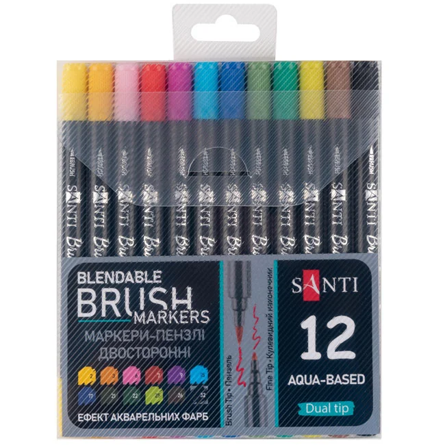 Набір маркерів акварельних, двосторонніх, 12 кольорів, "Brush Marker", Santi