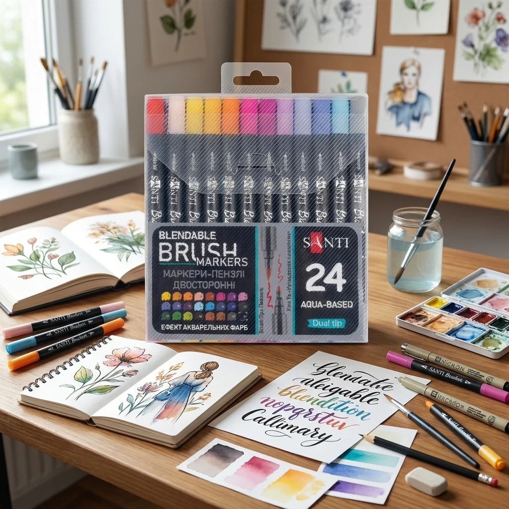 Набір маркерів акварельних, двосторонніх, 24 кольори, "Brush Marker", Santi