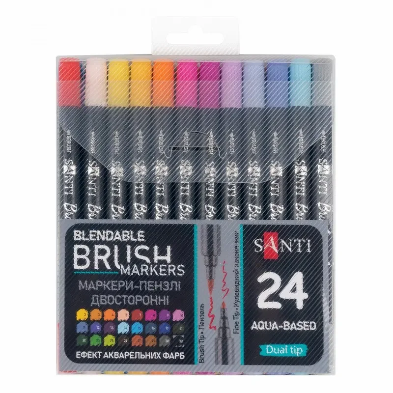 Набір маркерів акварельних, двосторонніх, 24 кольори, "Brush Marker", Santi