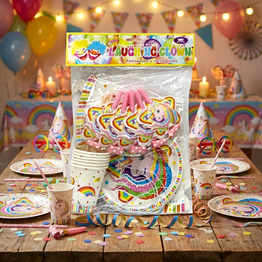 Набір паперової 36 предметів на 6 персон "Happy Birthday"Єдиноріг"