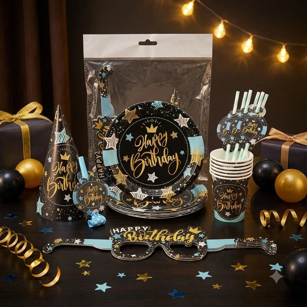 Набір паперової 36 предметів на 6 персон "Happy Birthday"Зірочки"