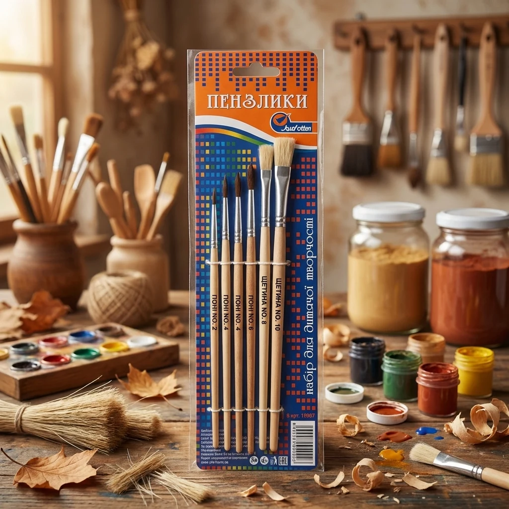 Набір пензлів 6 штук: Щетина № 8,12 та Поні № 2, 4, 6,10
