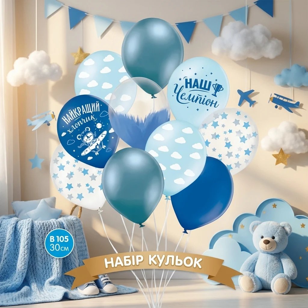 Набір повітряних кульок 10 штук 30 см "Наш хлопчик", синій, блакитний