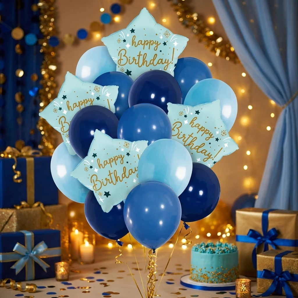Набір повітряних кульок 16 штук (4 штуки - 45 см і 12 штук - 30 см) "Happy Birthday" блакитний
