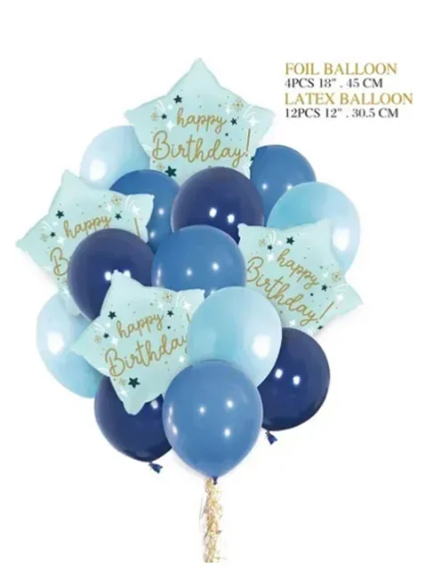 Набір повітряних кульок 16 штук (4 штуки - 45 см і 12 штук - 30 см) "Happy Birthday" блакитний