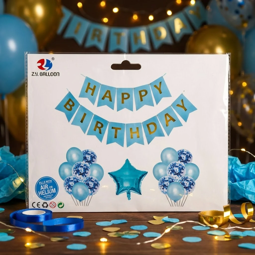 Набір повітряних кульок + гірлянда "Happy Birthday" блакитна