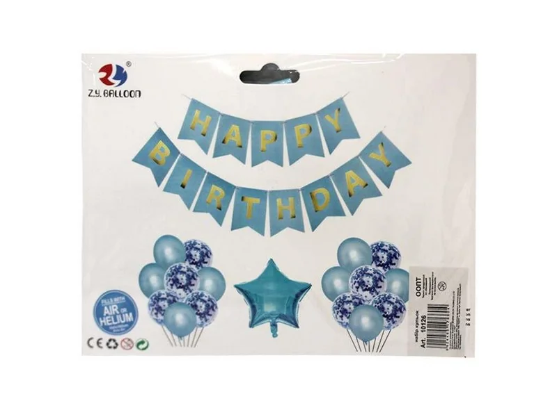 Набір повітряних кульок + гірлянда "Happy Birthday" блакитна