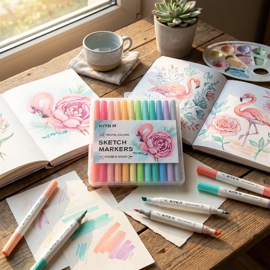 Набір скетч-маркерів 12 кольорів, двосторонні, Pastel