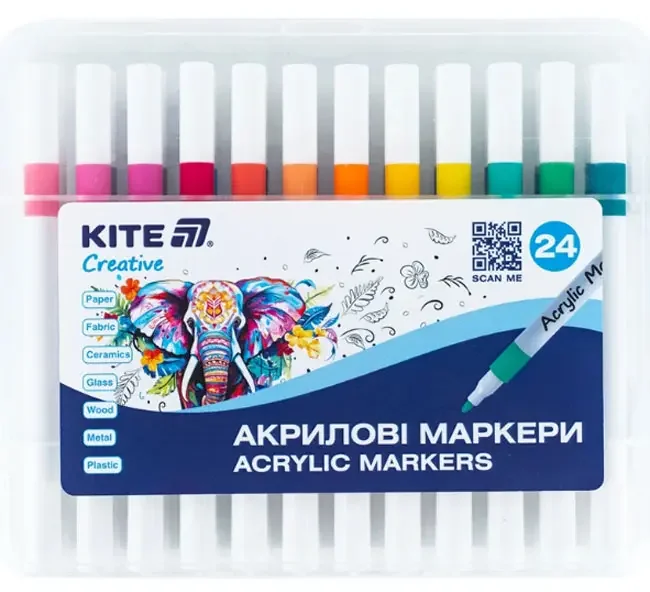 Набір скетч маркерів 24 кольори акрил, односторонній, пластикова коробка, Kite Creative