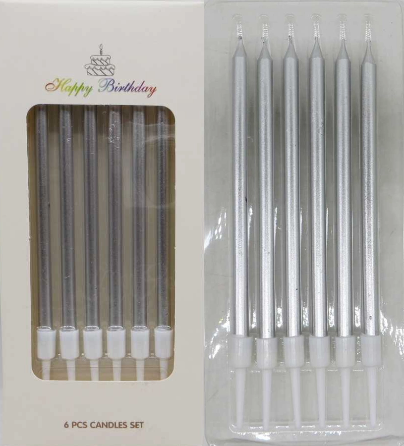 Набір свічок для торта 6шт 13см тонкі срібло 7376-4-S — фото 2