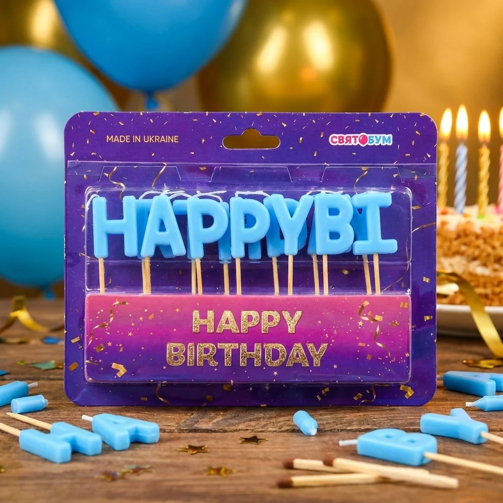 Набір свічок-літер для торта "Happy birthday" блакитних