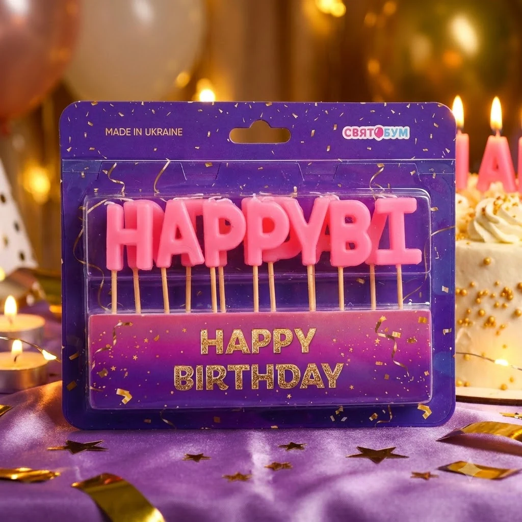 Набір свічок-літер для торта "Happy birthday" рожевих