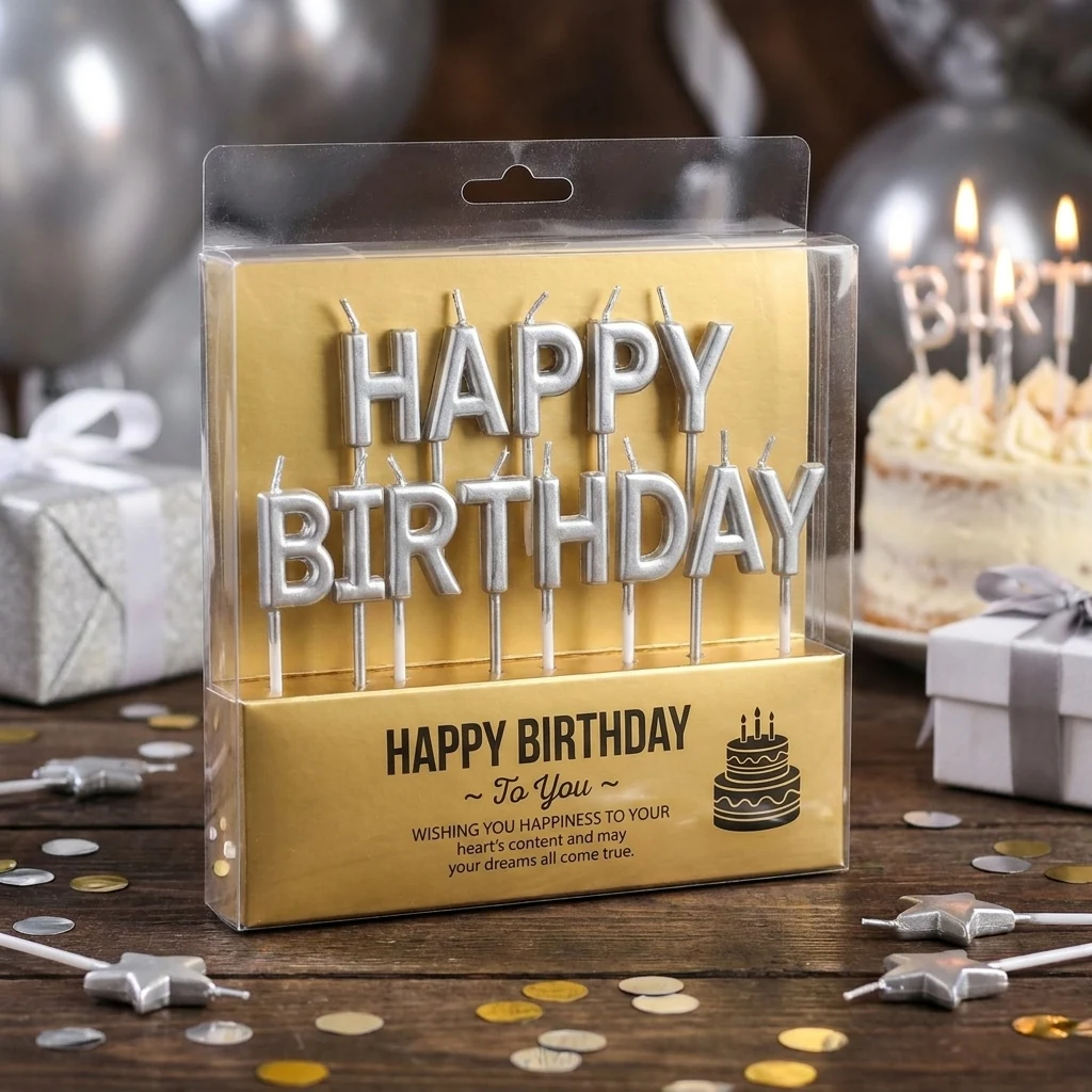 Набір свічок-літер для торта "Happy birthday" срібло