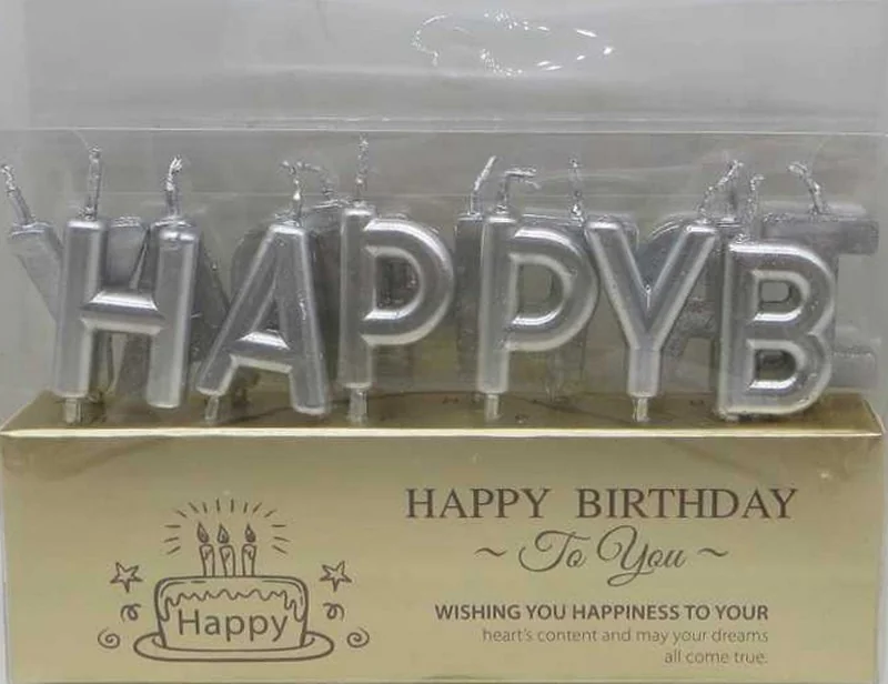 Набір свічок-літер для торта "Happy birthday" срібло