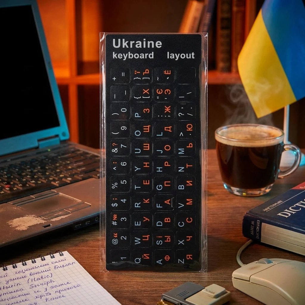 Наклейки на клавіатуру чорні з оранжевими/синіми літерами укр.ру.англ.