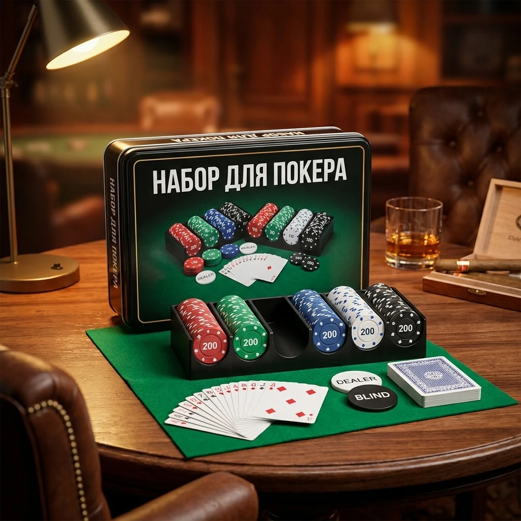 Настільна гра "Покер" 200 фішок та 2 колоди карт, сукно, в металевій коробці