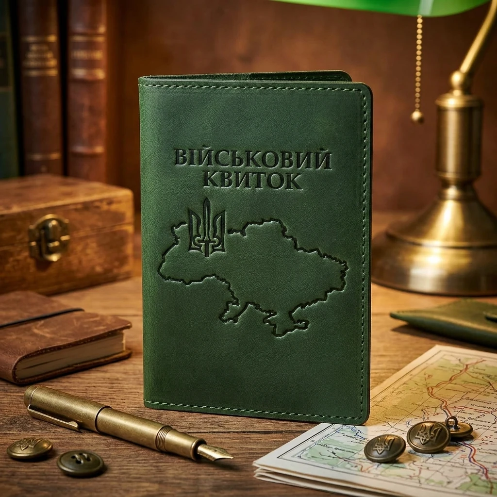 Обкладинка для документів "Військовий квиток" 200х140мм зелений шкіра (Grande Pelle)