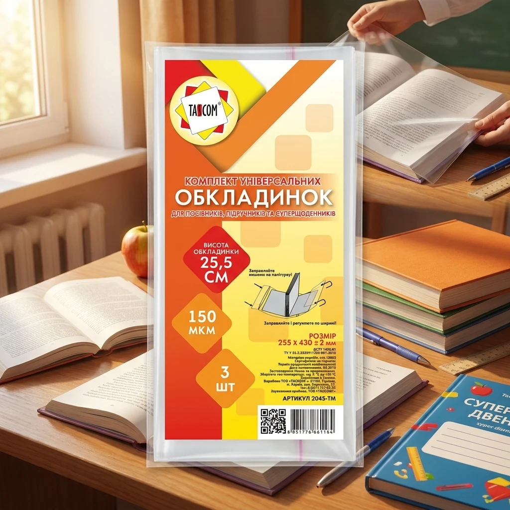 Обкладинка для зошитів і щоденників 255*430 мм 150 мкм регулюється, клейова (уп 3 шт)