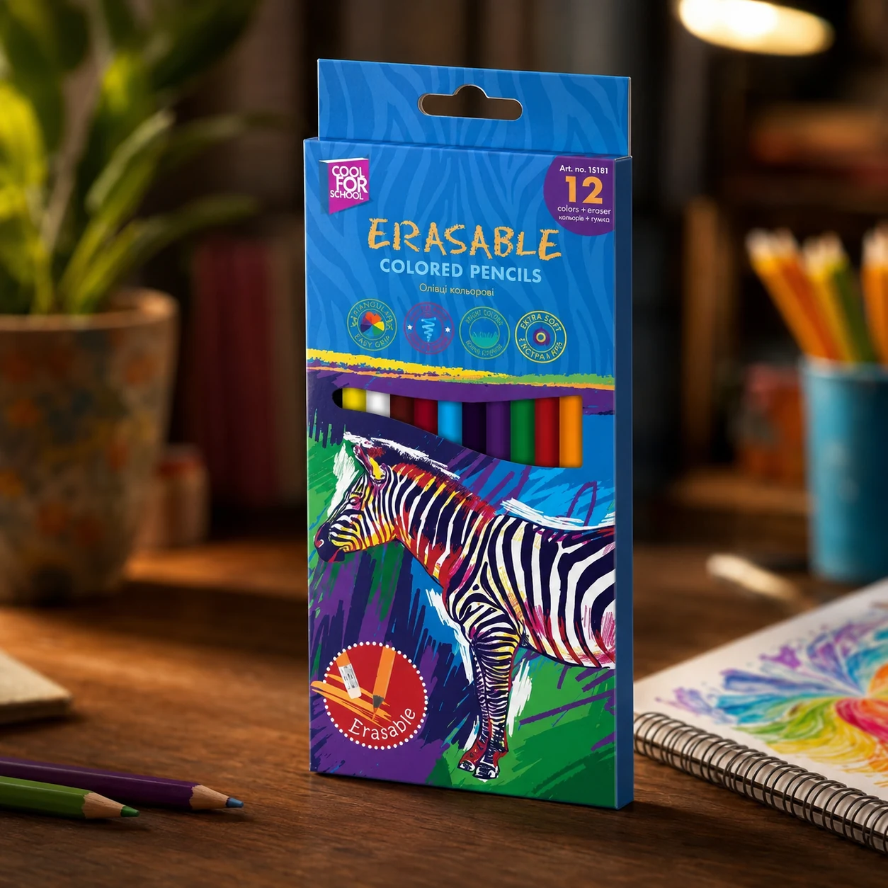 Олівці кольорові COOLFORSCHOOL пластикові тригранні з гумкою 12шт MX15181 — Малювання та ліплення
