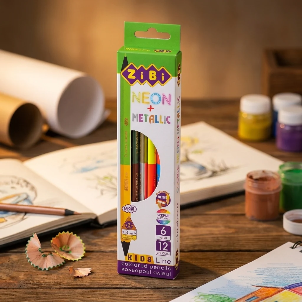 Олівці кольорові Double Neon+Metallic, 6 шт. (12 кол.), KIDS LINE