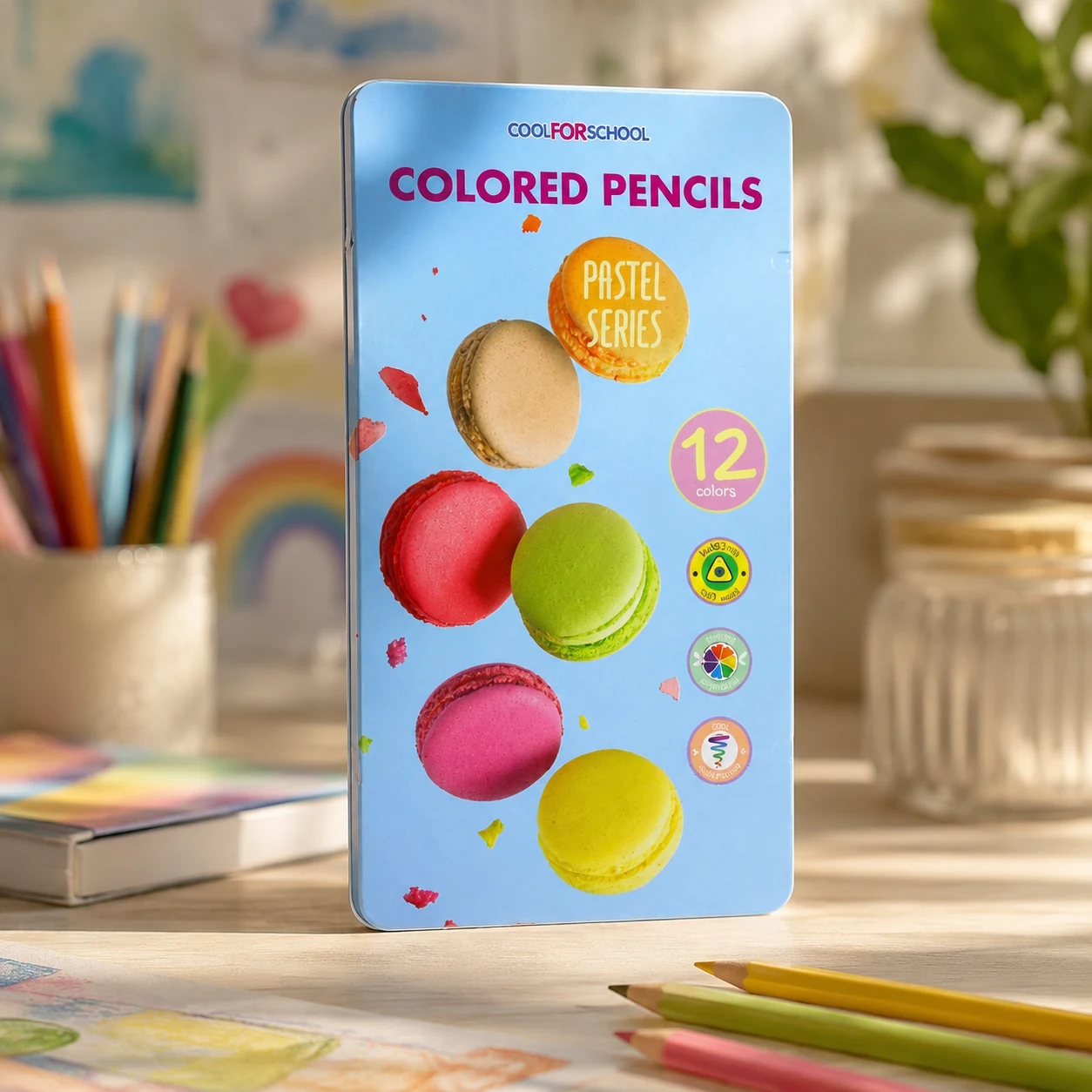 Олівці кольорові преміум COOLFORSCHOOL PASTEL тригранні в металевій коробці 12шт — Малювання та ліплення