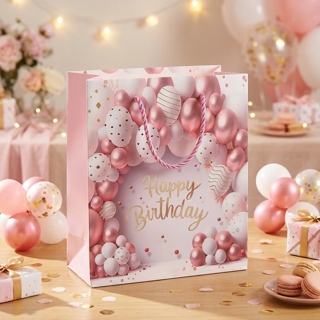 Пакет подарунковий картонний 12*14*6 см Happy Birthday ніжний