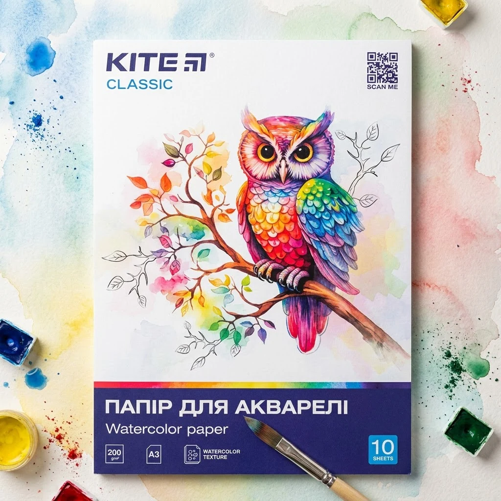 Папір для художників А3 200 г/м2 10 аркушів, папка, біла, акварель, Kite