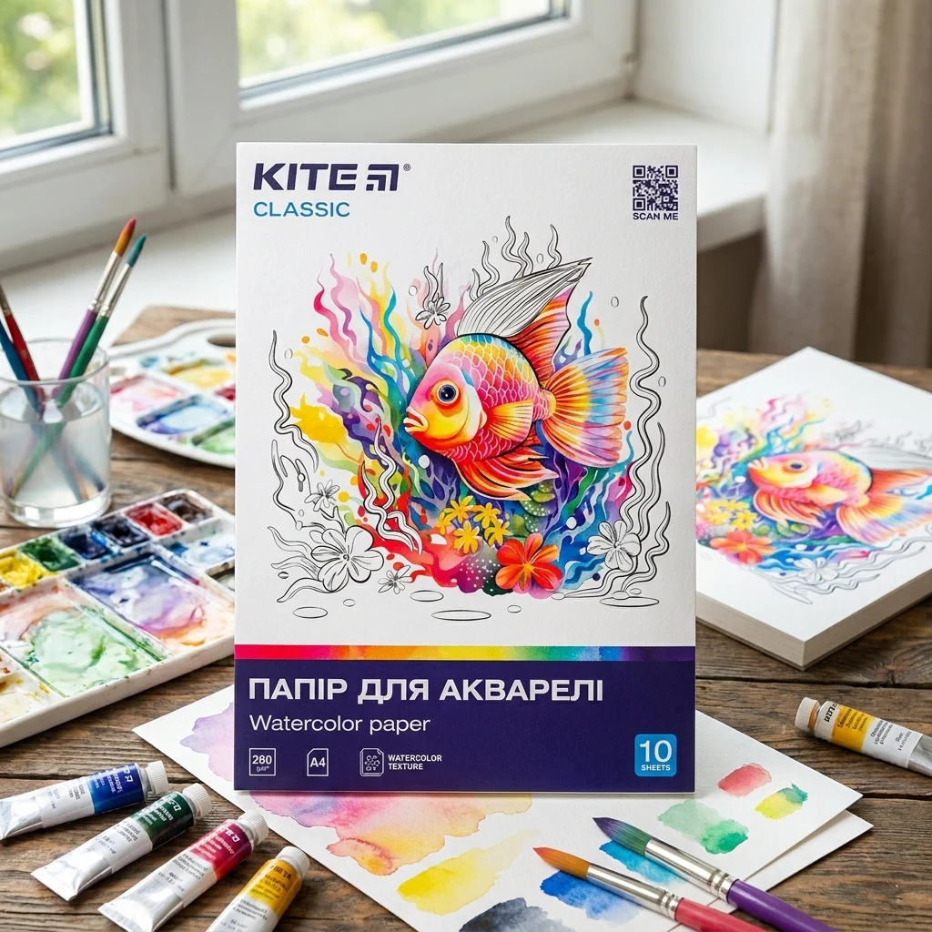 Папір для художників А4 200 г/м2 10 аркушів, папка, біла, акварель, Kite