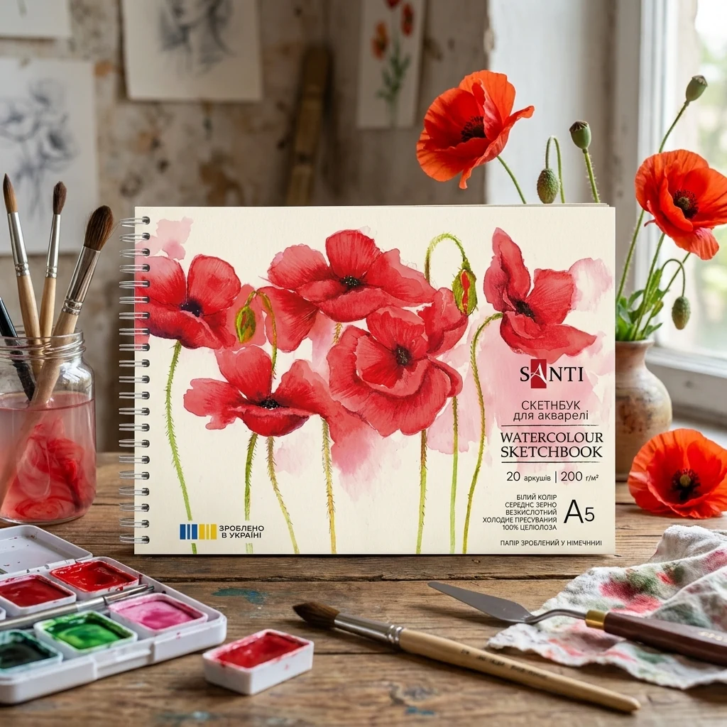 Папір для художників А5 200 г/м2 20 аркушів, спіраль, акварель, "Flowers" Santi