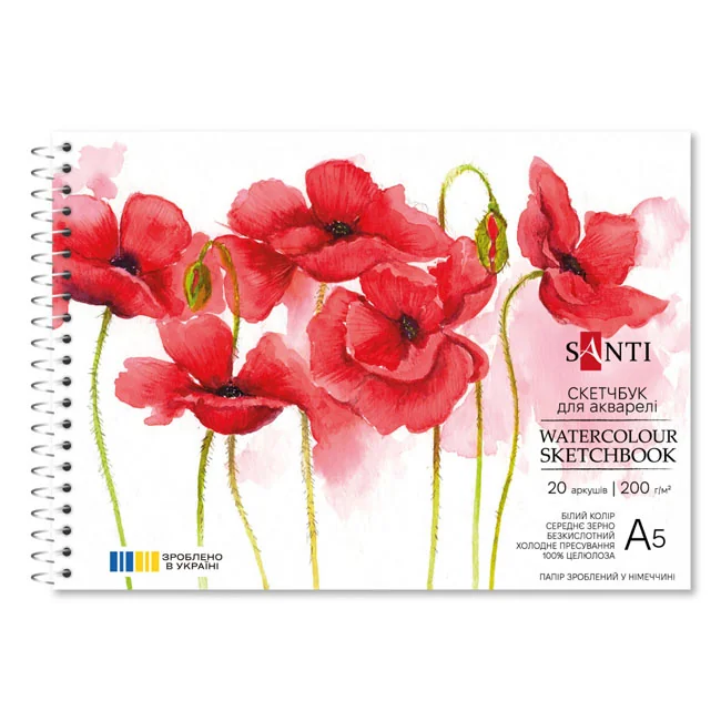 Папір для художників А5 200 г/м2 20 аркушів, спіраль, акварель, "Flowers" Santi
