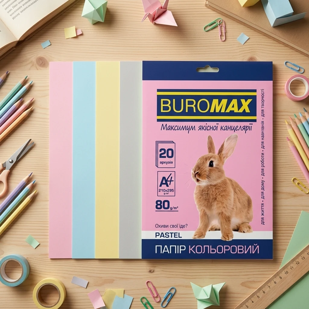 Папір кольоровий щільністю 80г/м2, набір 20 листів, 5кол. PASTEL