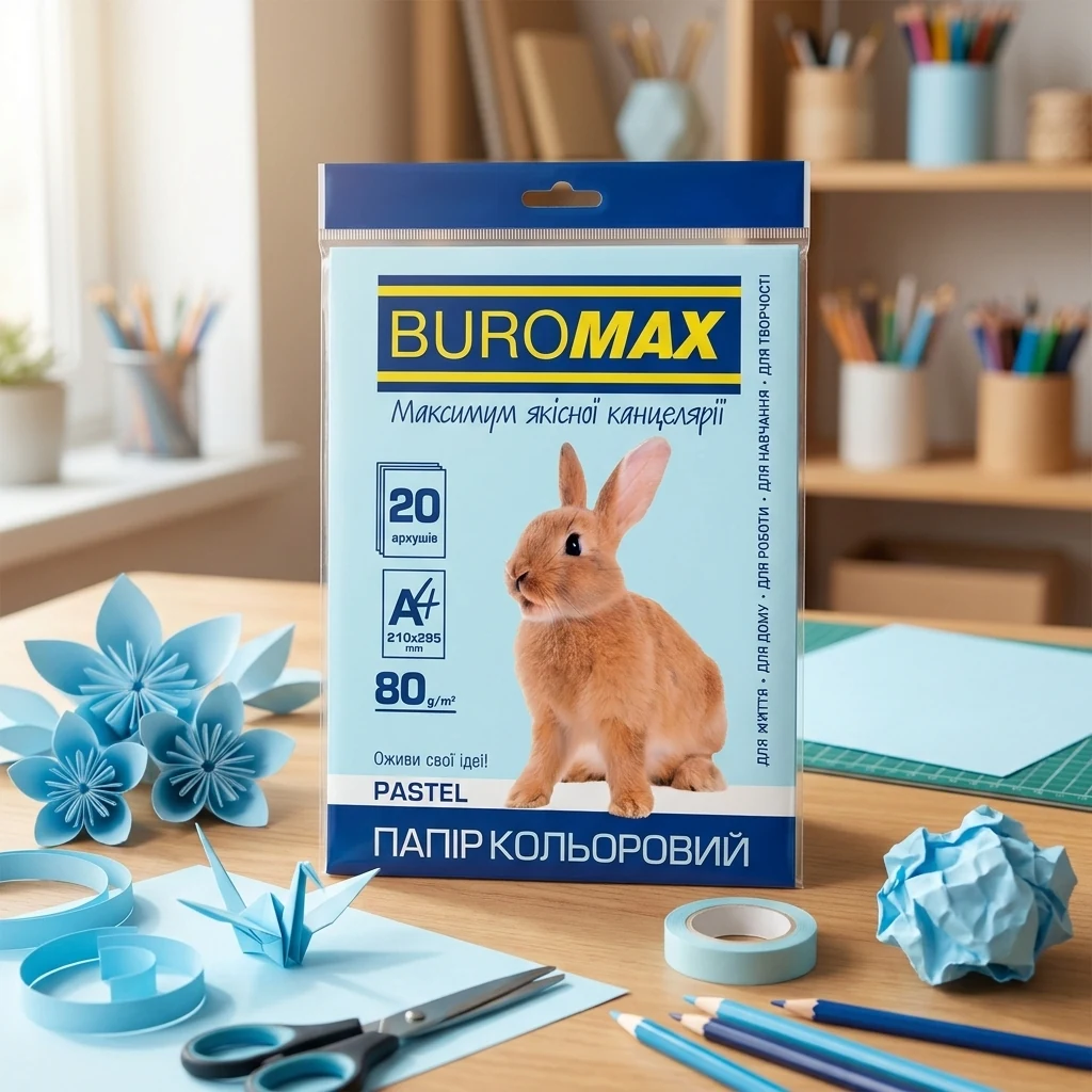Папір кольоровий щільністю 80г/м2, набір 20 листів, блакитний пастельний