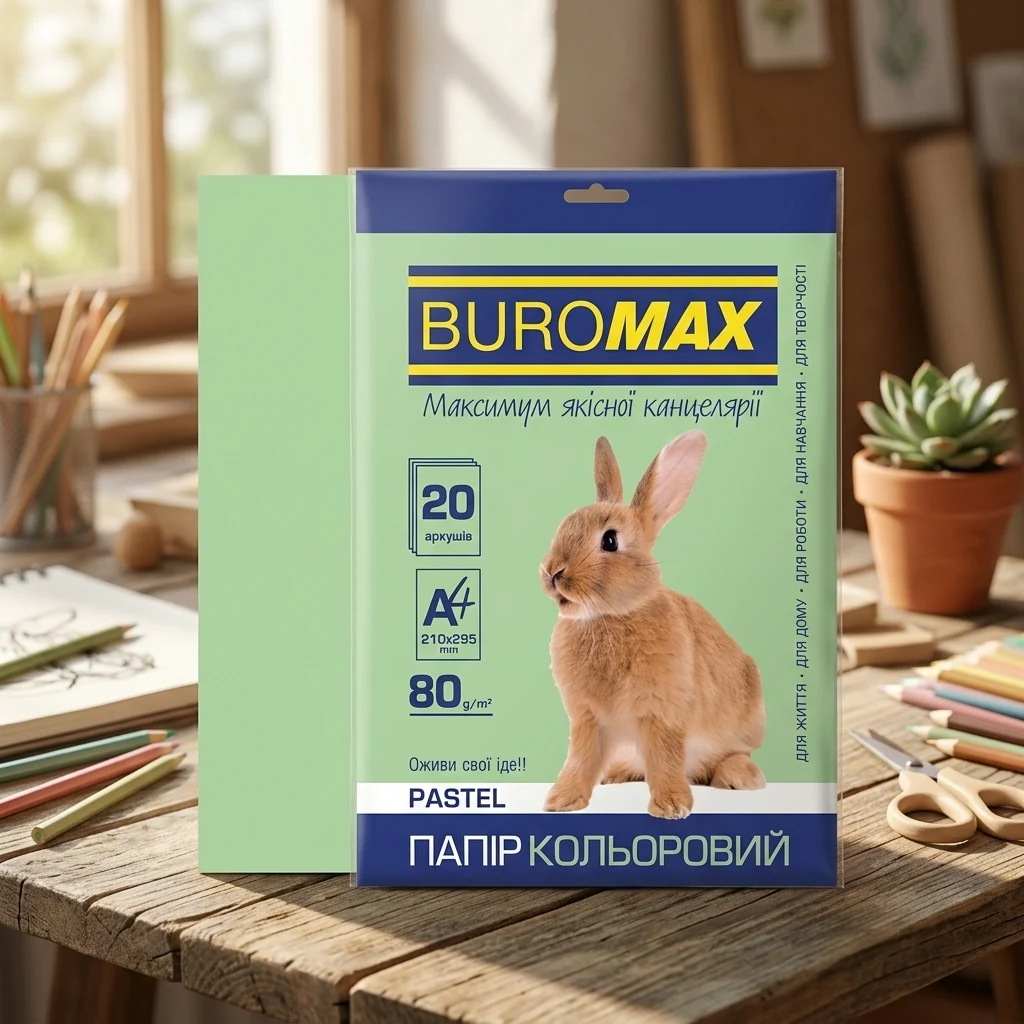 Папір кольоровий щільністю 80г/м2, набір 20 листів, світло зелений пастельний